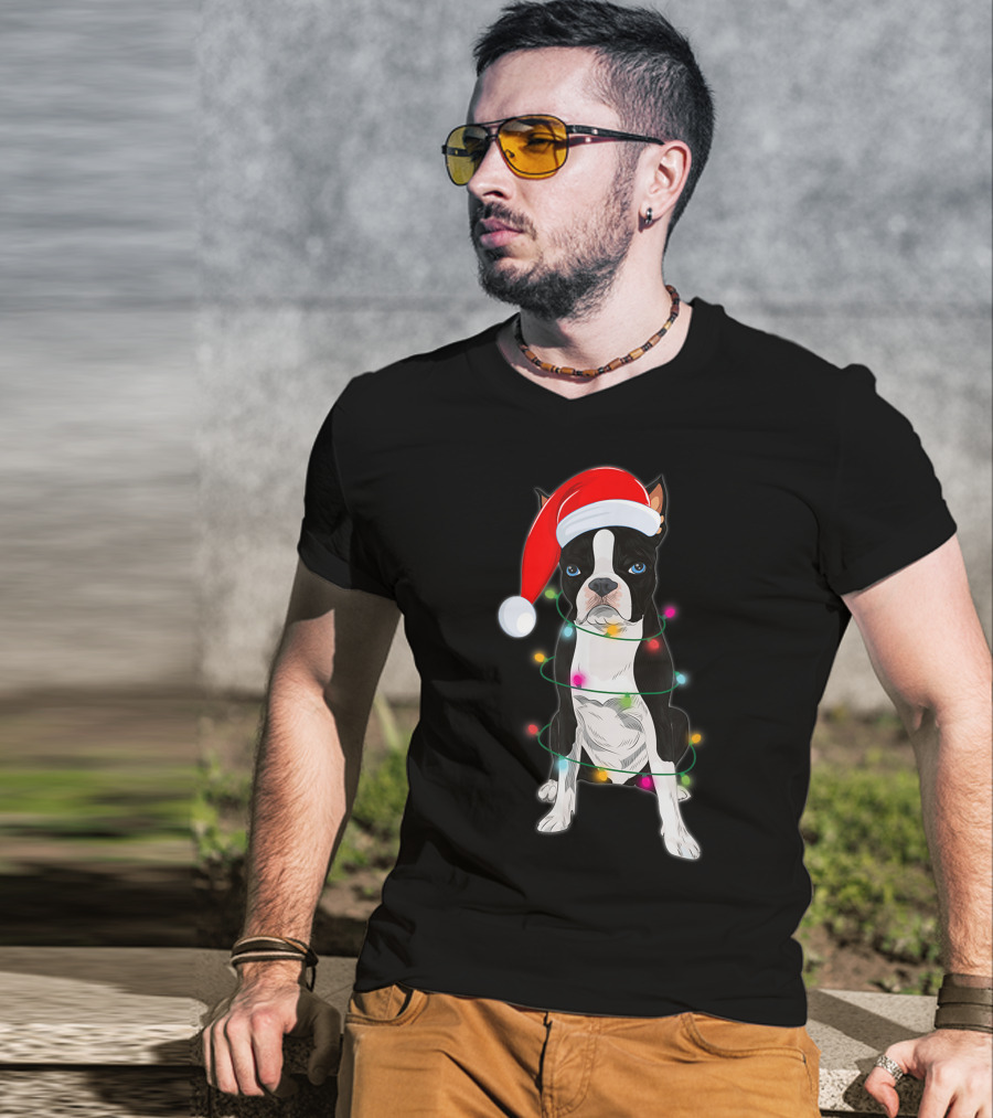 Boston Terrier Wrapped In Christmas Lights With Santa Hat T-Shirt