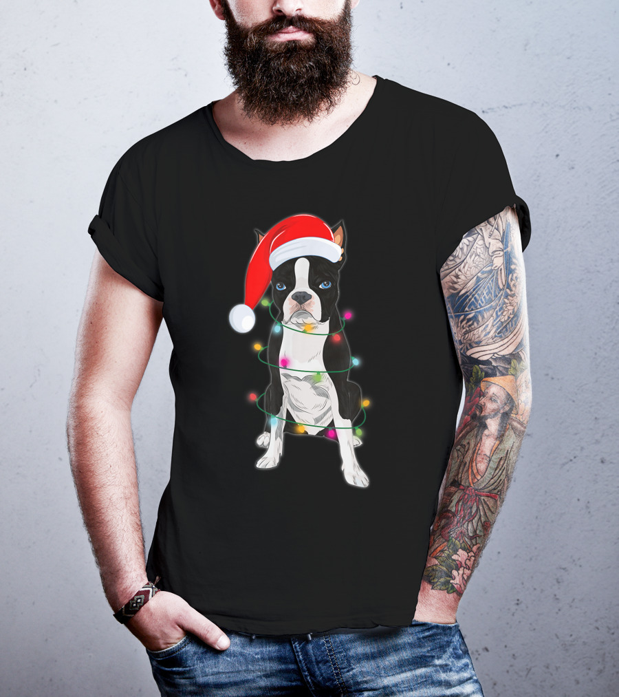 Boston Terrier Wrapped In Christmas Lights With Santa Hat T-Shirt