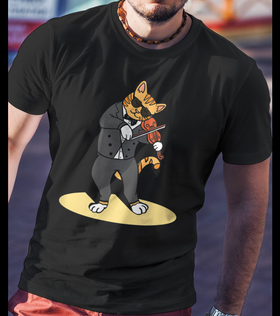Cat Playing Violin Orchestra Kitten In Tuxedo With Sunglasses T-Shirt