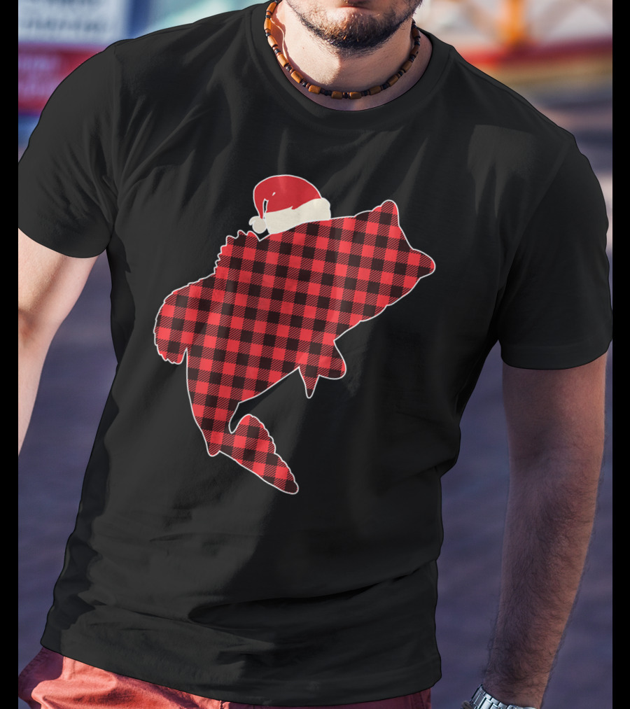 Christmas Fish Santa Hat Red Plaid Buffalo T-Shirt