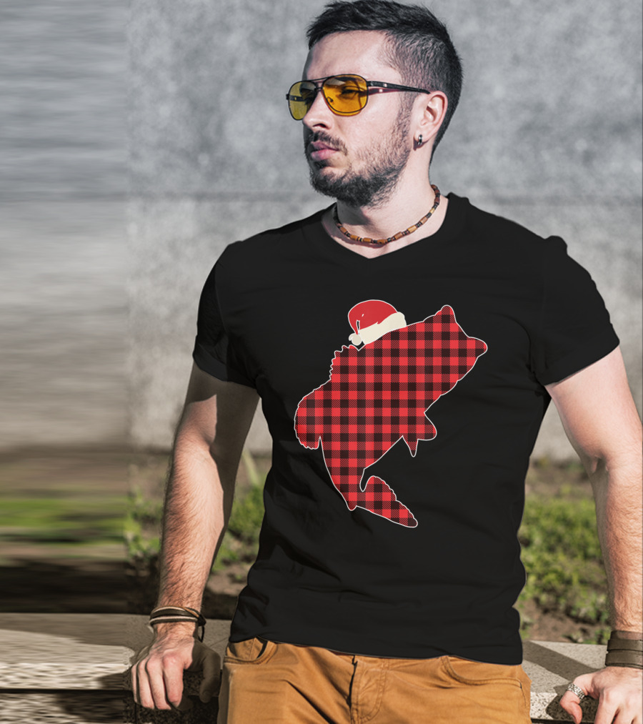 Christmas Fish Santa Hat Red Plaid Buffalo T-Shirt