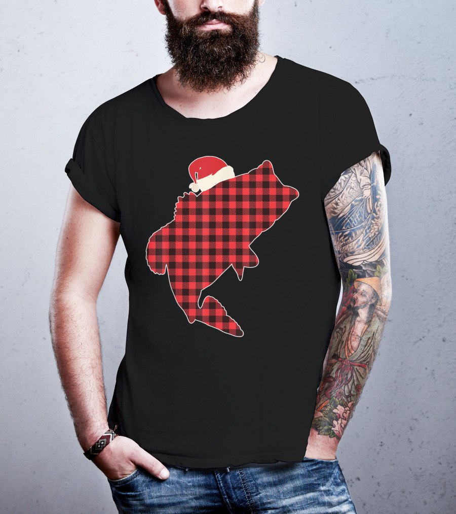 Christmas Fish Santa Hat Red Plaid Buffalo T-Shirt