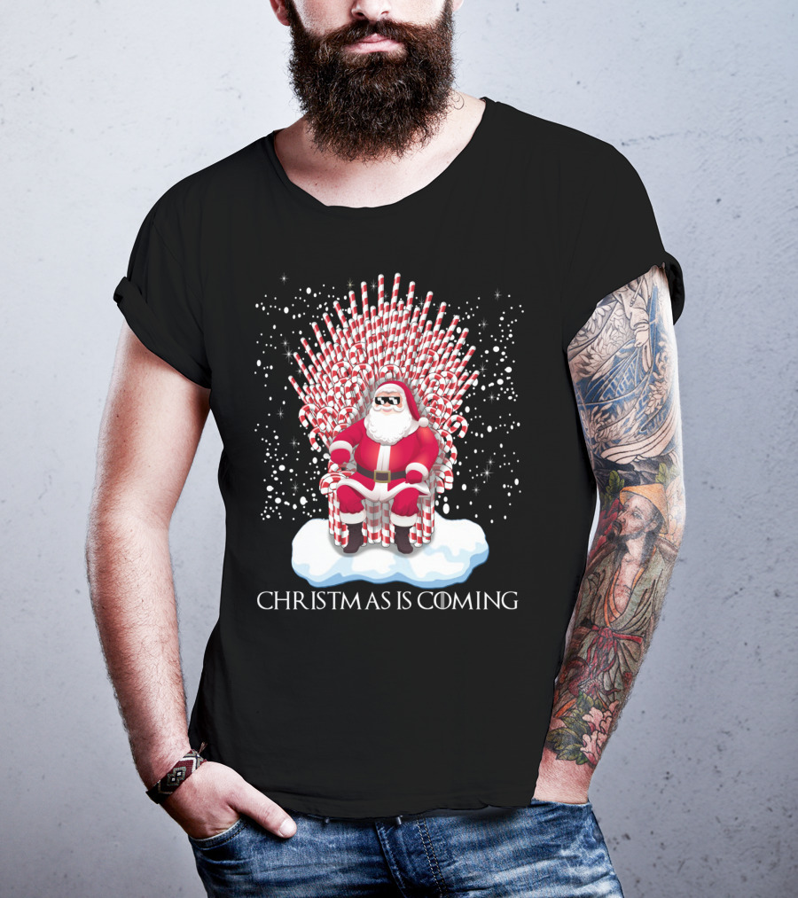 Santa On Candy Cane Throne Christmas Is Coming Snowflakes T-Shirt