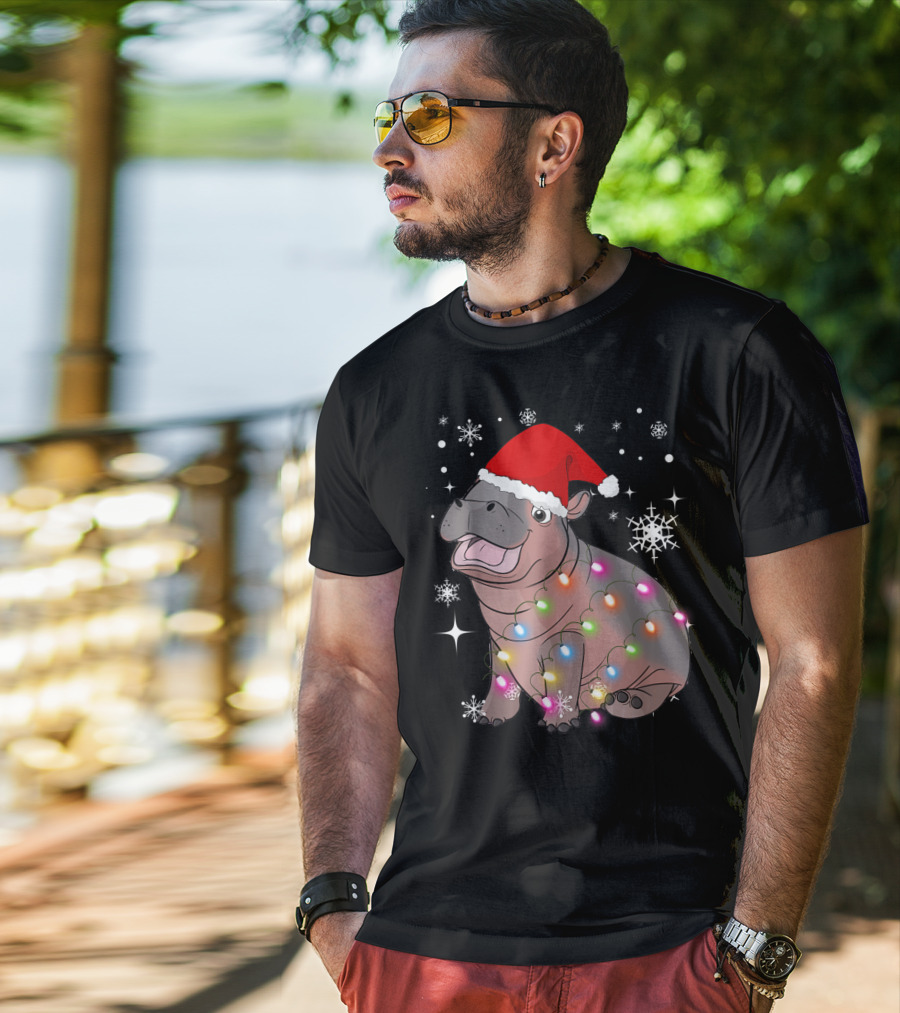Christmas Lights Baby Hippo Fiona Santa Hat T-Shirt