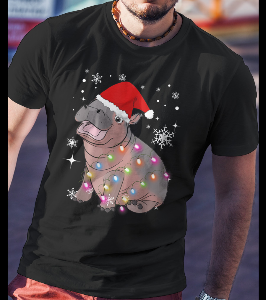 Christmas Lights Baby Hippo Fiona Santa Hat T-Shirt