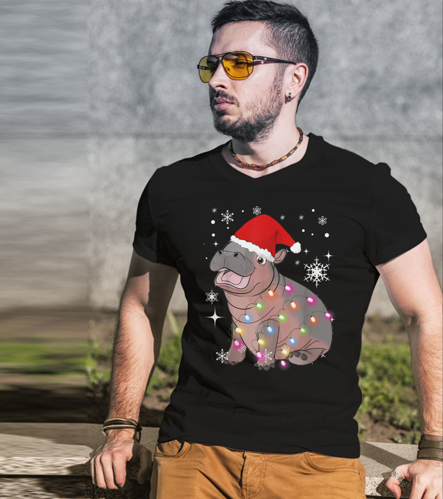 Christmas Lights Baby Hippo Fiona Santa Hat T-Shirt