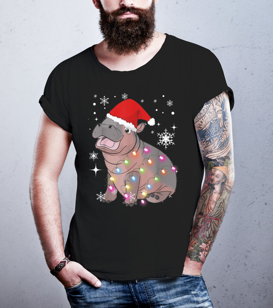Christmas Lights Baby Hippo Fiona Santa Hat T-Shirt