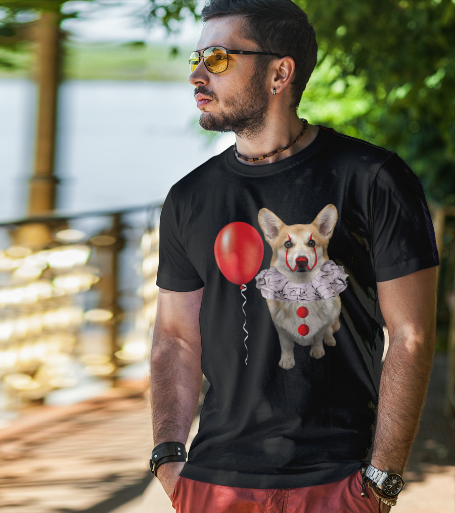 Corgi Clown Costume With Red Balloon Scary Funny Corgi T-Shirt