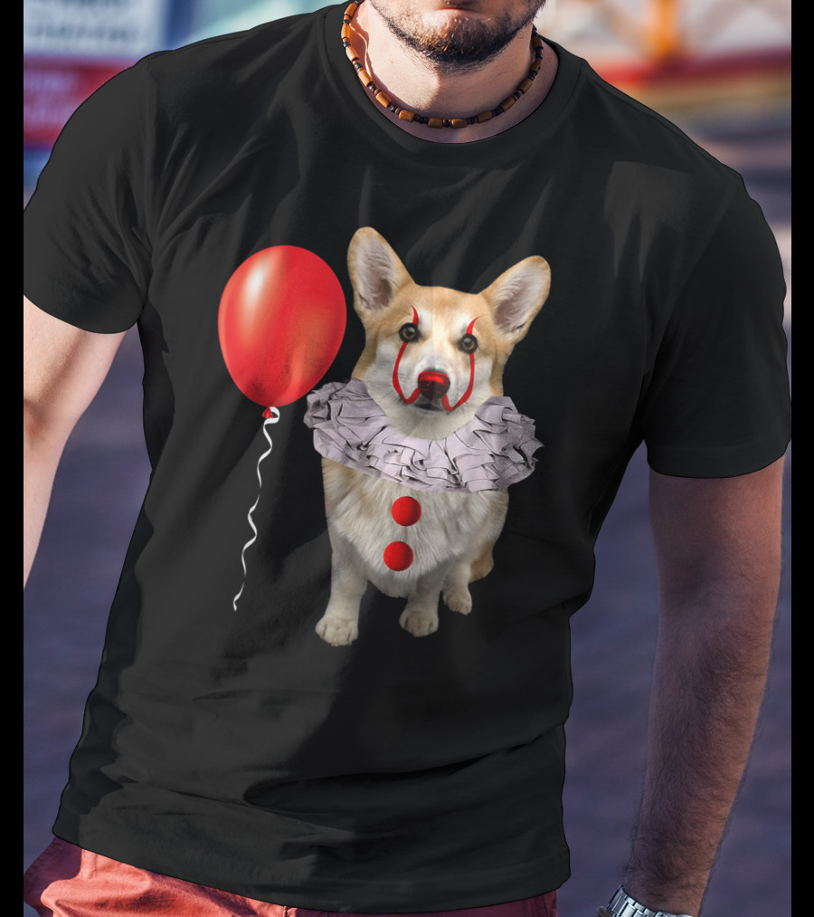 Corgi Clown Costume With Red Balloon Scary Funny Corgi T-Shirt