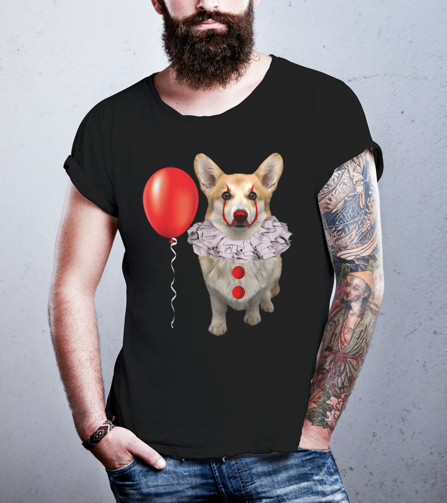Corgi Clown Costume With Red Balloon Scary Funny Corgi T-Shirt
