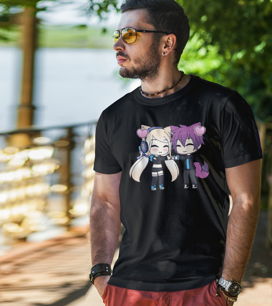 Cute Kawaii Chibi Anime Girl And Boy With Hearts And Cat Ears T-Shirt
