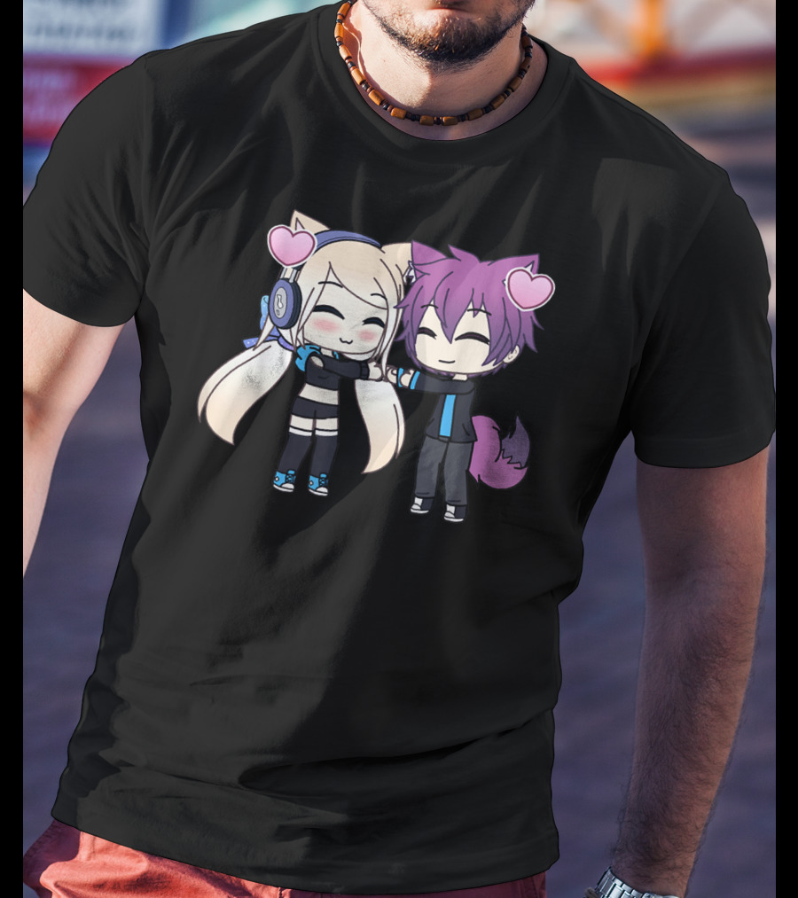 Cute Kawaii Chibi Anime Girl And Boy With Hearts And Cat Ears T-Shirt
