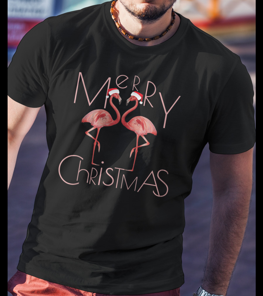 Merry Christmas Cute Pink Flamingo Santa Hat T-Shirt