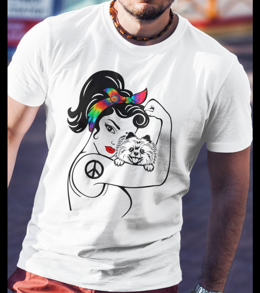 Cute Pomeranian Mom Peace Rainbow Bandana T-Shirt