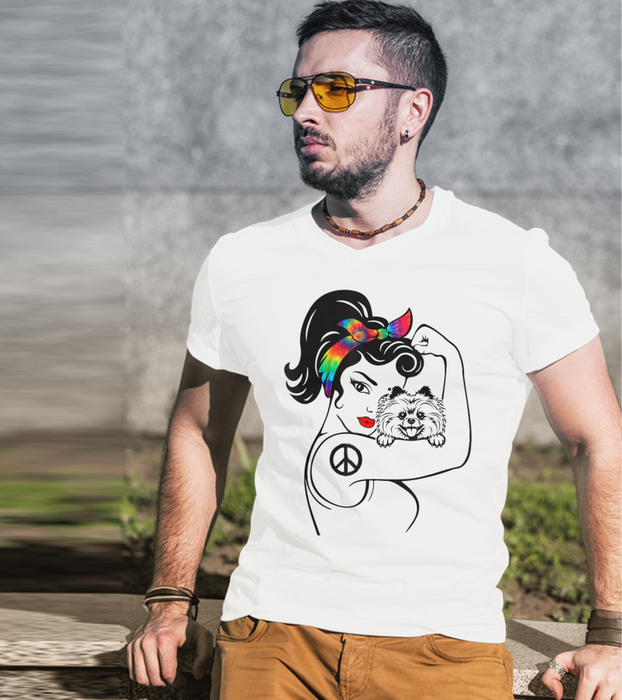 Cute Pomeranian Mom Peace Rainbow Bandana T-Shirt