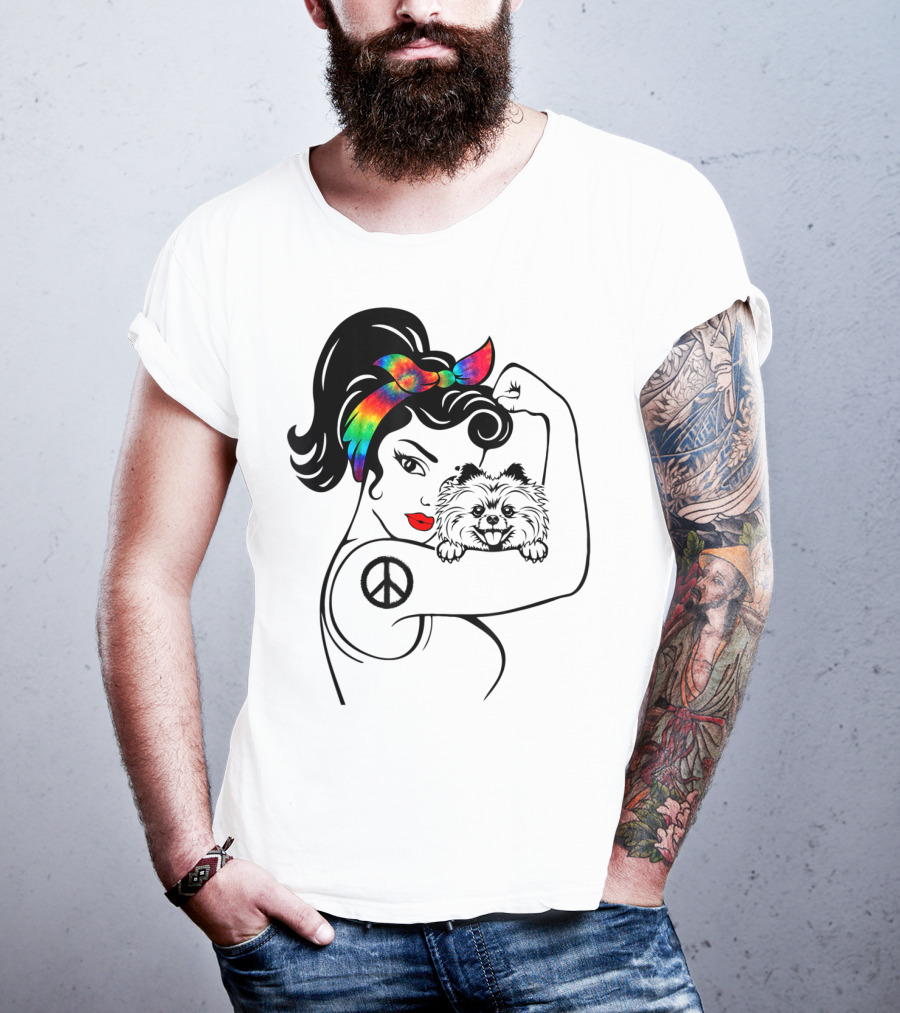 Cute Pomeranian Mom Peace Rainbow Bandana T-Shirt