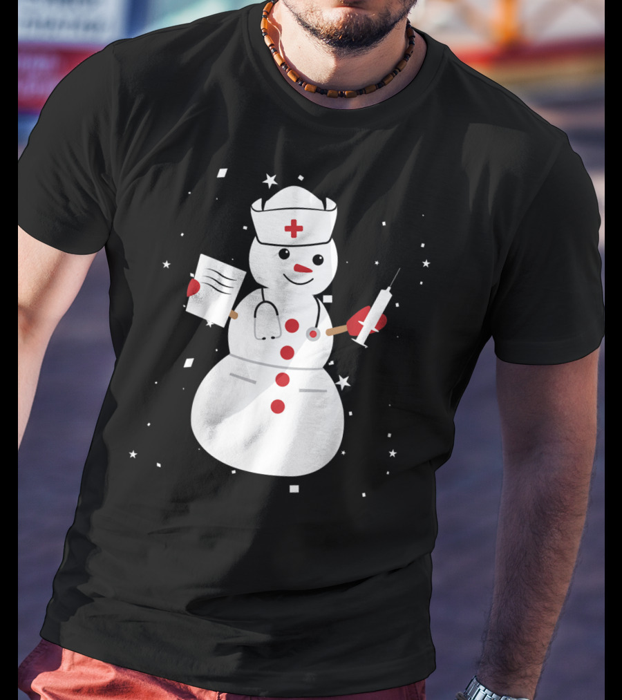 Nurse Snowman Holding Syringe And Clipboard For Cute Christmas Winter T-Shirt