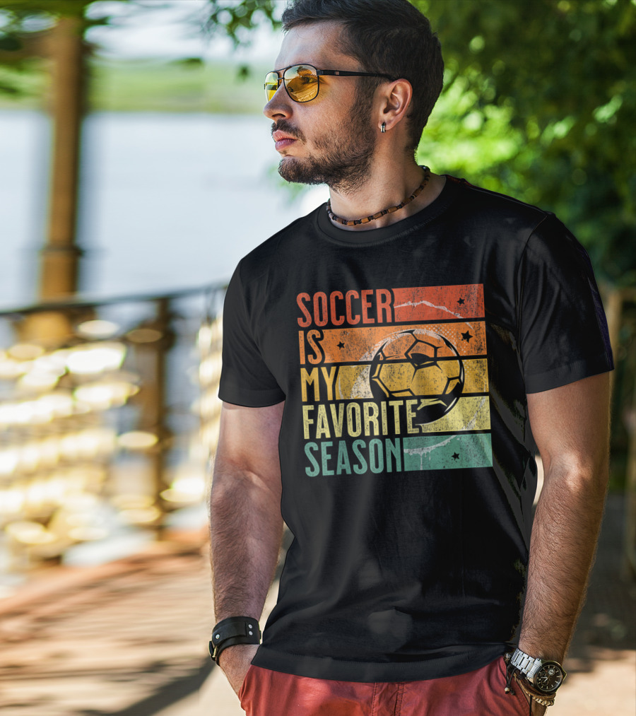 Soccer Is My Favorite Season Vintage Distressed Stripes Football Ball Retro T-Shirt
