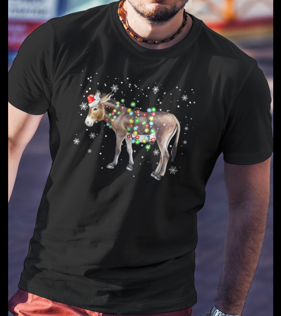 Donkey Christmas Santa Hat Colorful Lights Snowflakes Xmas T-Shirt