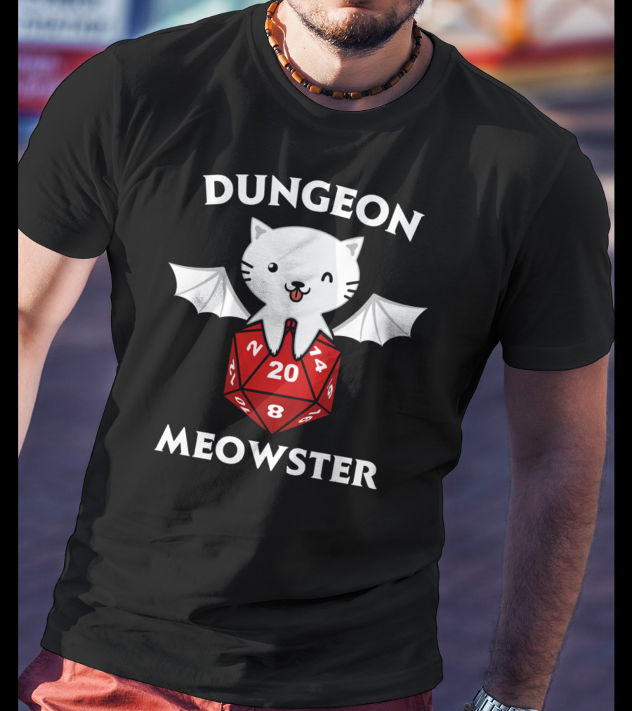 Dungeon Meowster D20 RPG Cat With Wings On Dice T-Shirt