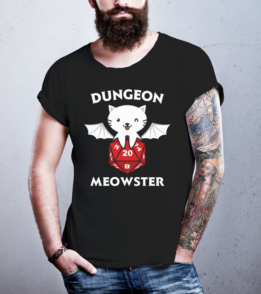 Dungeon Meowster D20 RPG Cat With Wings On Dice T-Shirt