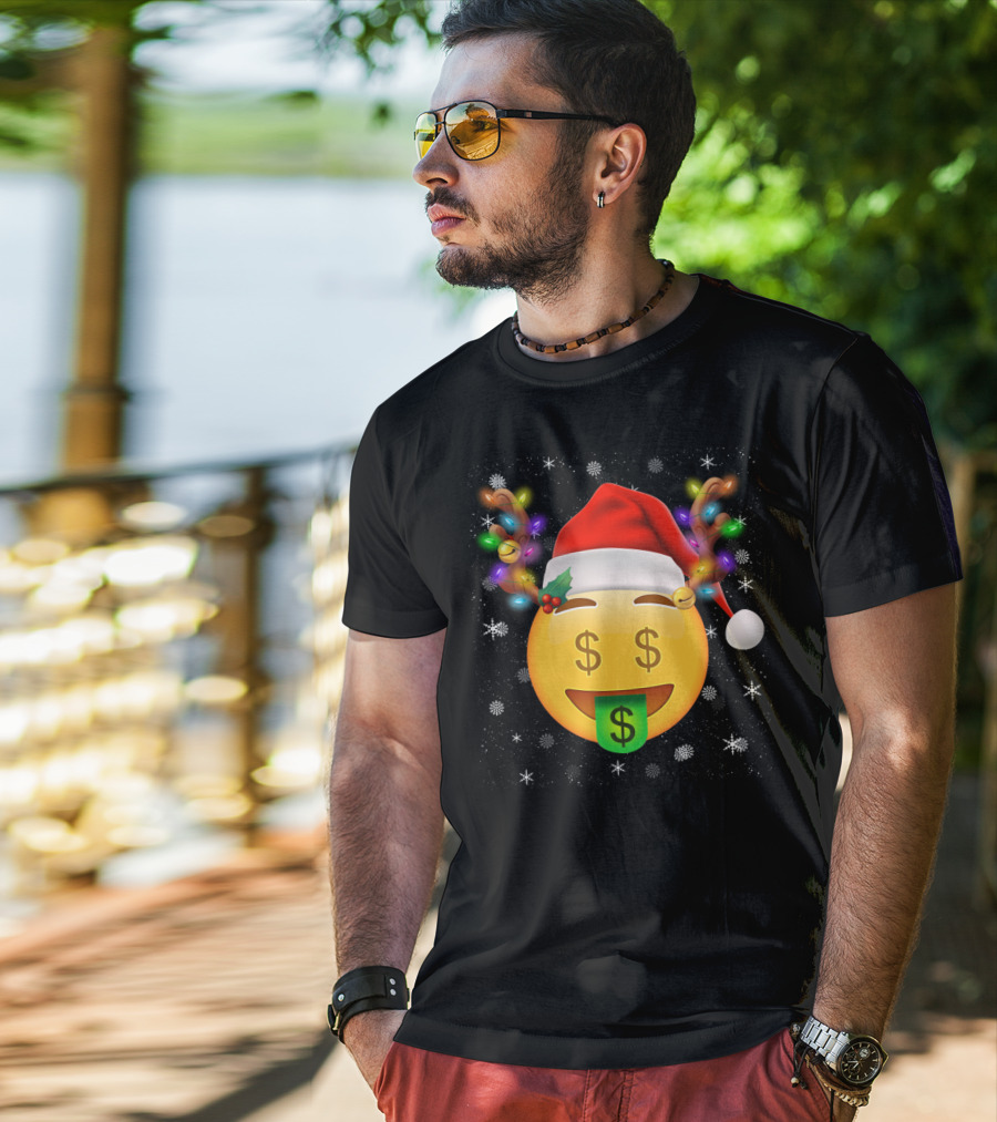 Santa Hat Reindeer Antlers Emoji Money Face T-Shirt