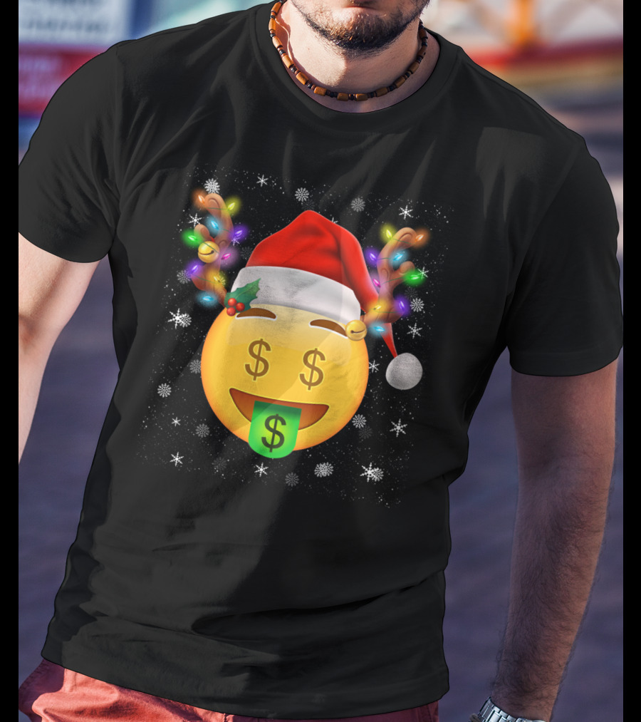 Santa Hat Reindeer Antlers Emoji Money Face T-Shirt
