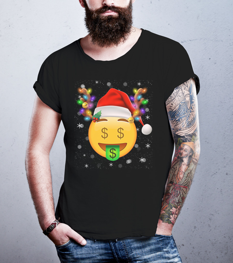 Santa Hat Reindeer Antlers Emoji Money Face T-Shirt