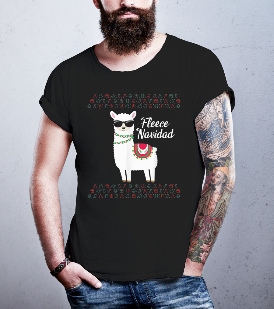 Fleece Navidad Feliz Navidad Llama Sunglasses Holiday Icons T-Shirt