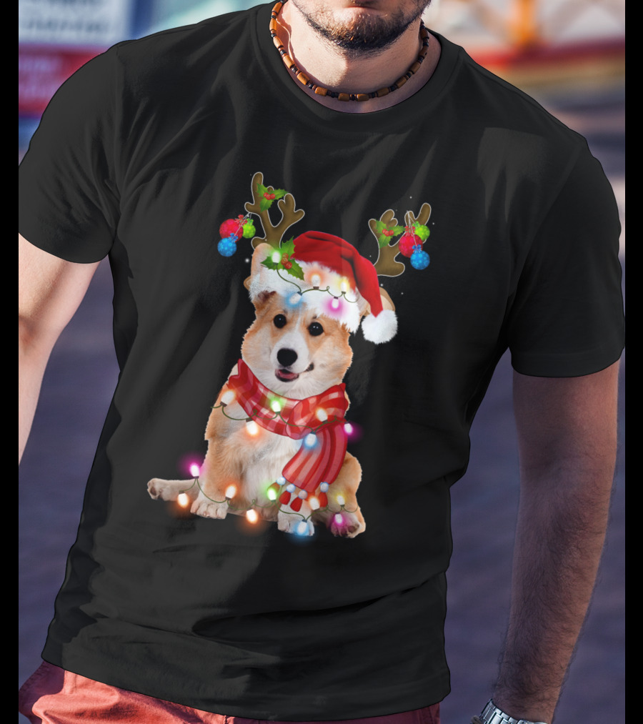 Corgi Christmas Reindeer Antlers Festive Lights And Santa Hat T-Shirt