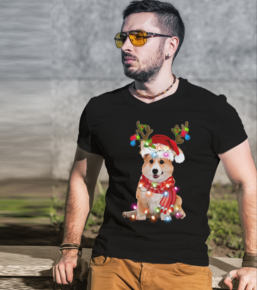 Corgi Christmas Reindeer Antlers Festive Lights And Santa Hat T-Shirt
