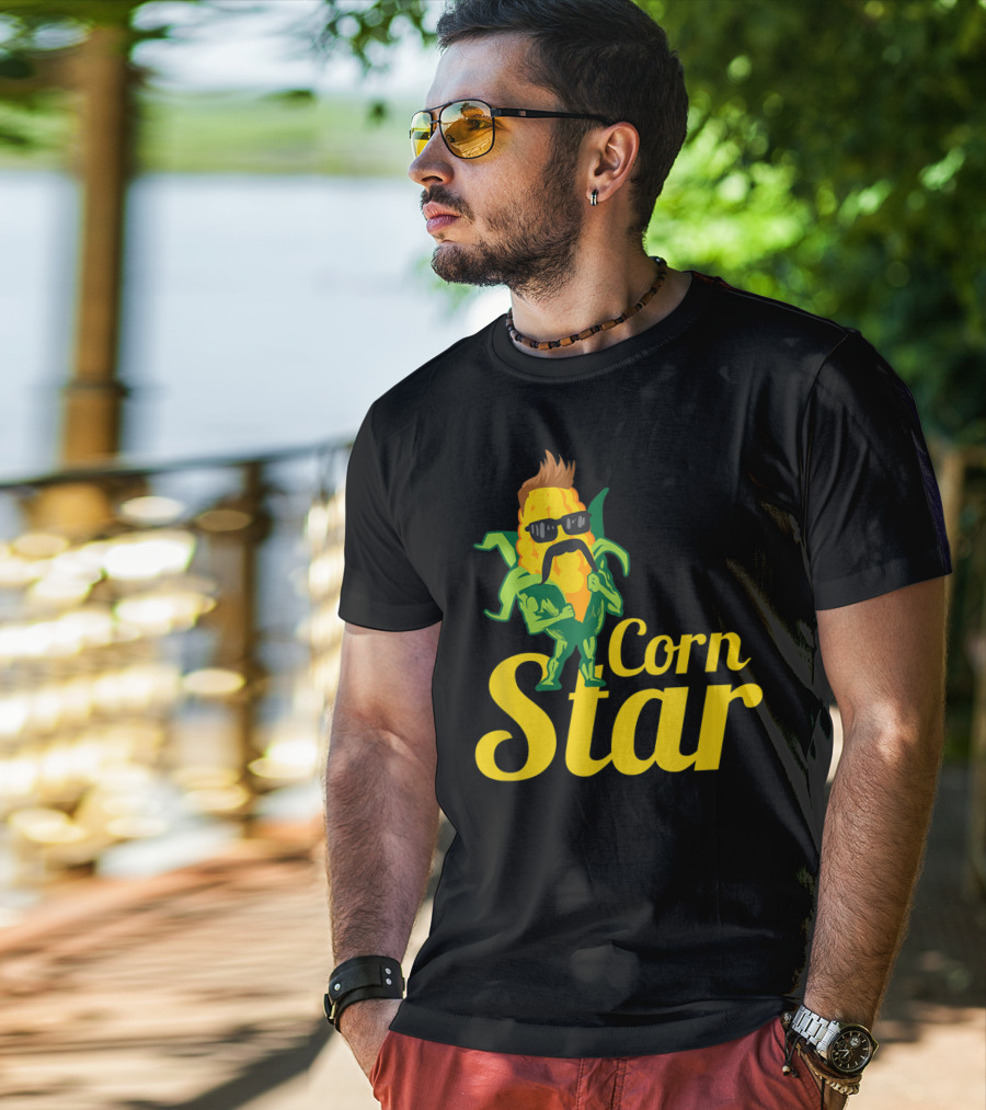 Funny Corn Star With Sunglasses And Mustache Maize Character T-Shirt