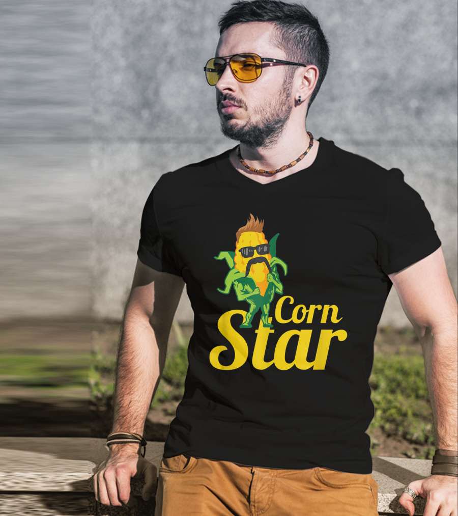 Funny Corn Star With Sunglasses And Mustache Maize Character T-Shirt