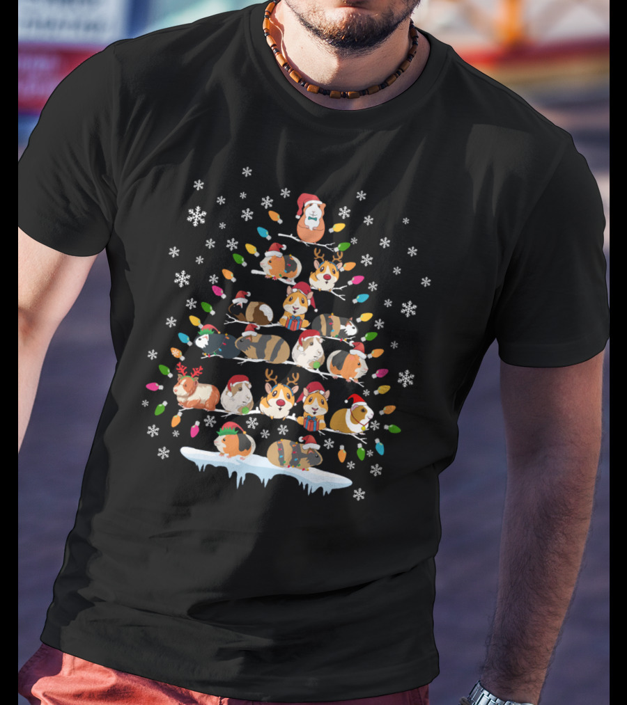 Funny Guinea Pig Christmas Tree Ornament With Santa And Reindeer Decor Elements T-Shirt