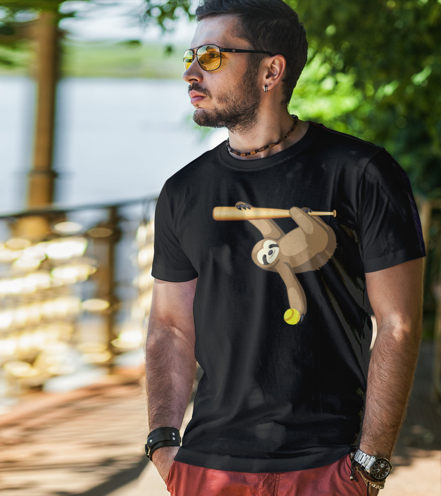 Funny Lazy Sloth Playing Baseball Softball With Bat And Ball T-Shirt