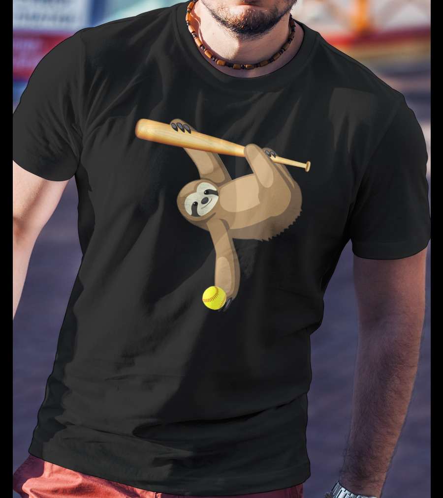 Funny Lazy Sloth Playing Baseball Softball With Bat And Ball T-Shirt