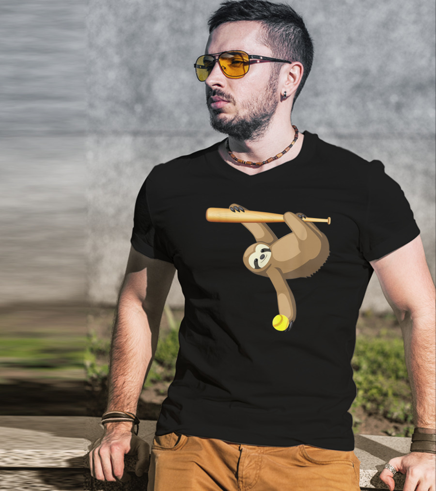 Funny Lazy Sloth Playing Baseball Softball With Bat And Ball T-Shirt