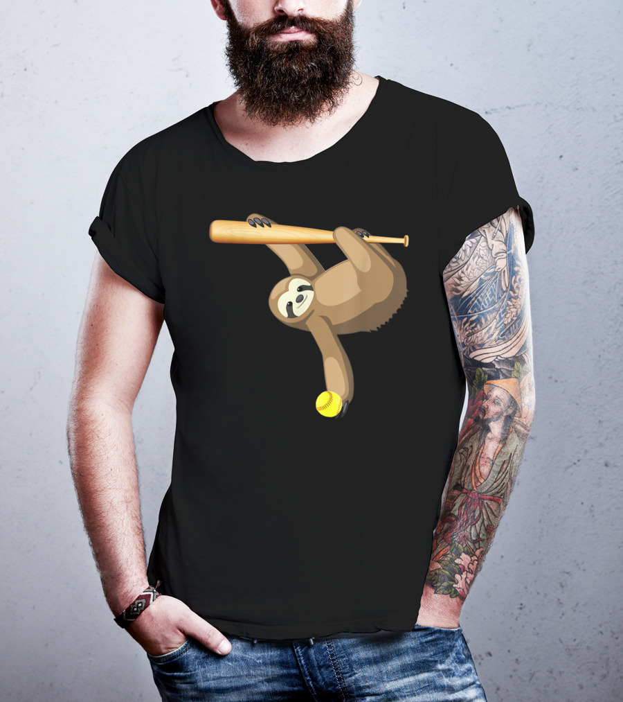 Funny Lazy Sloth Playing Baseball Softball With Bat And Ball T-Shirt