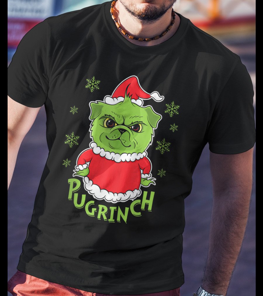 Pugrinch Funny Pug Dog In Christmas Santa Hat With Snowflakes T-Shirt