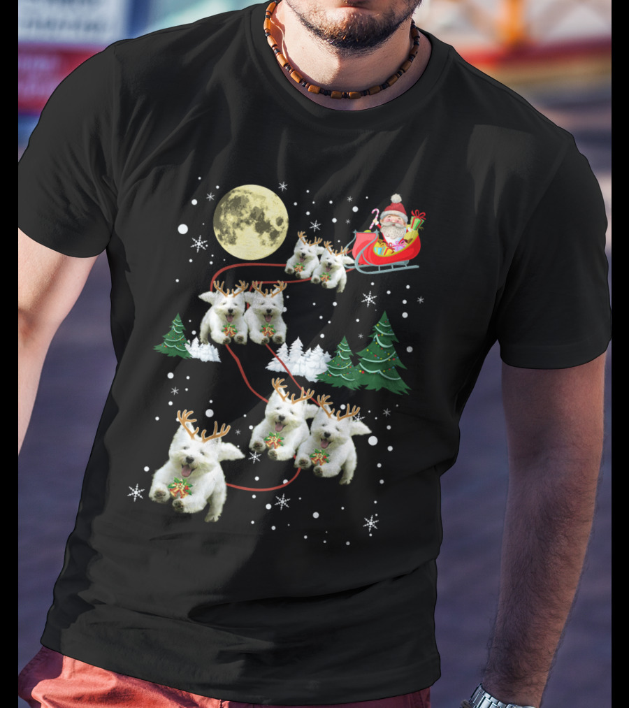 Santa's Sleigh Pulled By Funny Westie Puppies Under Moonlit Christmas Sky T-Shirt