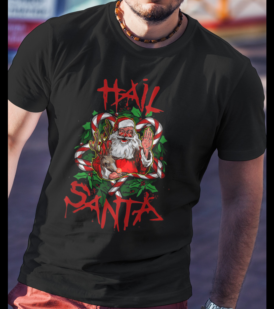 Hail Santa Funny Sleigher Christmas Rock Metal Santa With Reindeer And Candy Cane T-Shirt