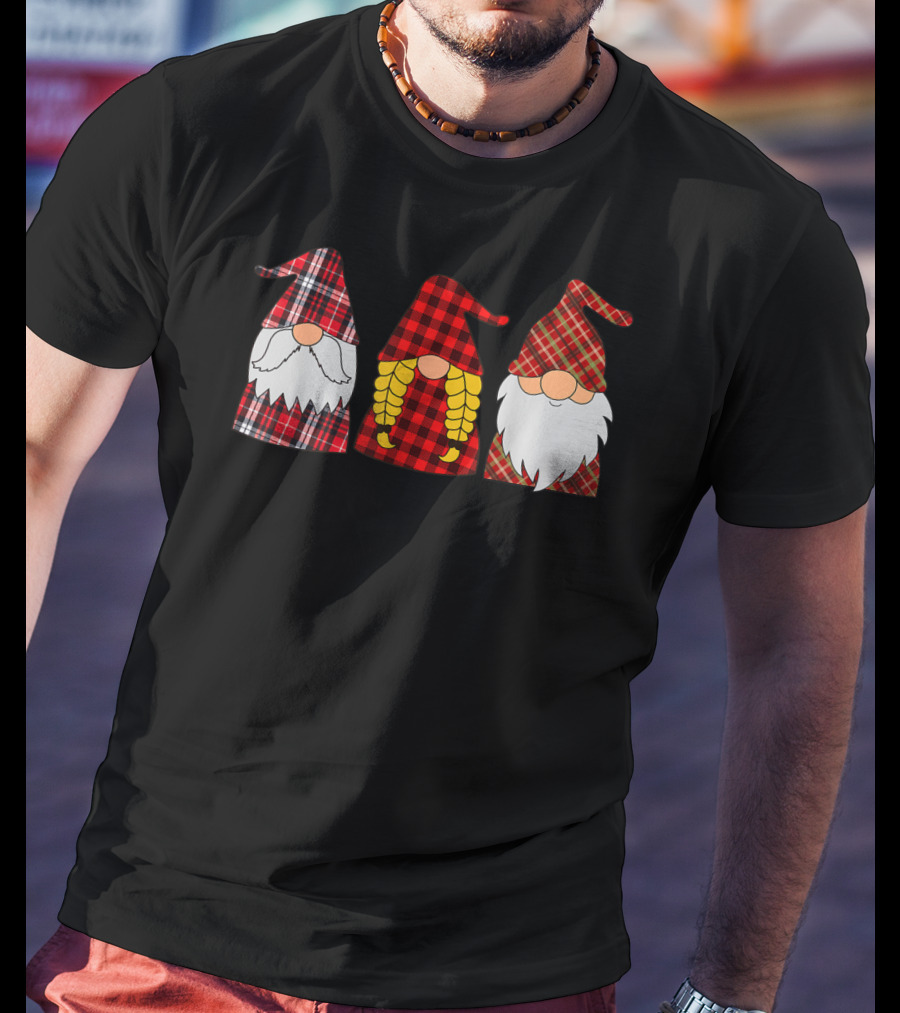 Hanging With Three Red Plaid Gnomies Gnome T-Shirt