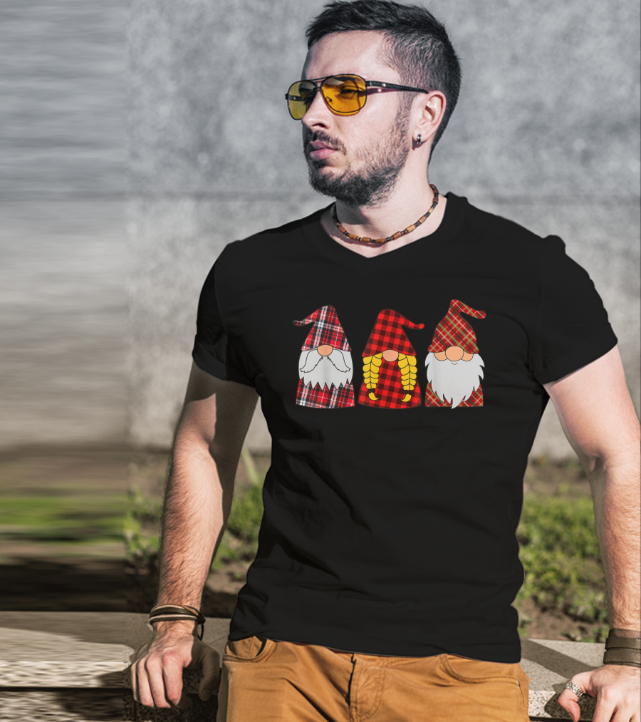 Hanging With Three Red Plaid Gnomies Gnome T-Shirt