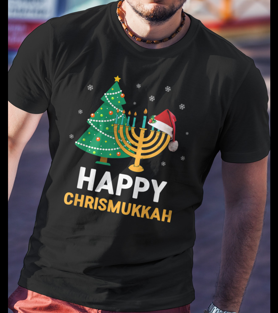 Happy Chrismukkah Funny Hanukkah Christmas Tree Menorah Santa Hat Snowflakes T-Shirt