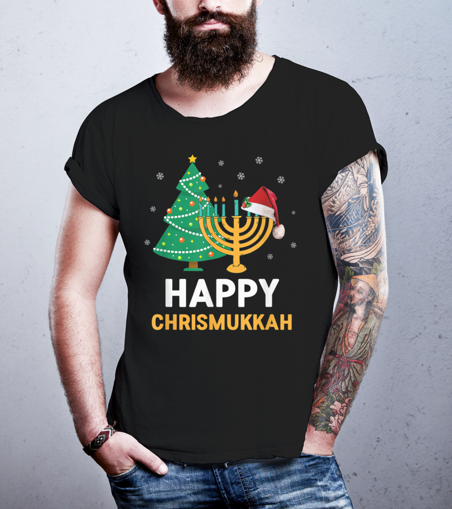 Happy Chrismukkah Funny Hanukkah Christmas Tree Menorah Santa Hat Snowflakes T-Shirt