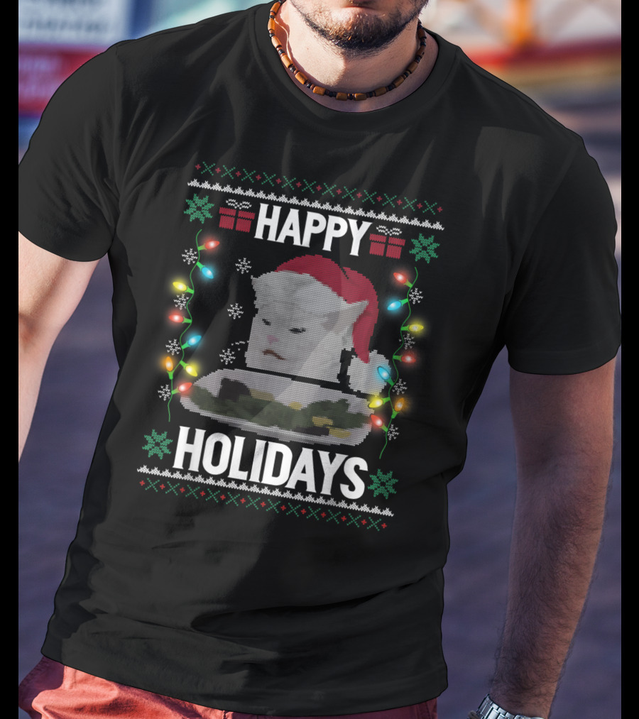 Happy Holidays Yelling Cat Meme Christmas Lights T-Shirt