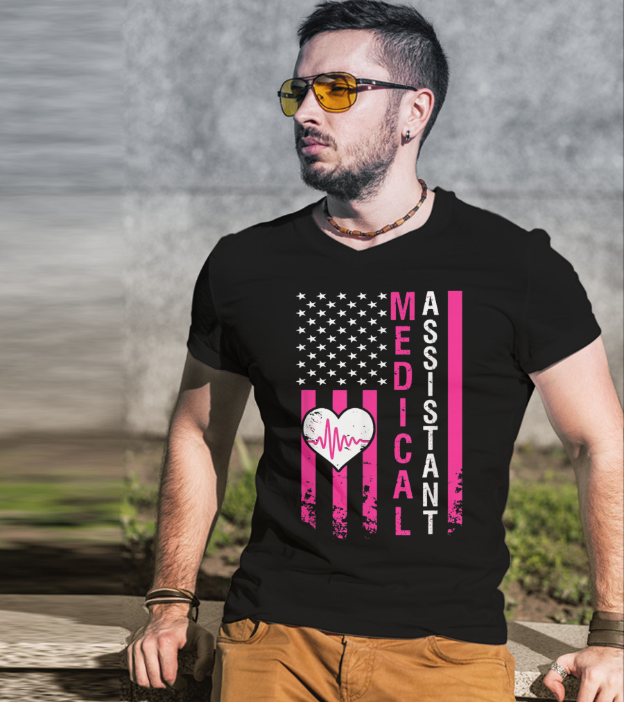 Medical Assistant Heartbeat American Flag T-Shirt