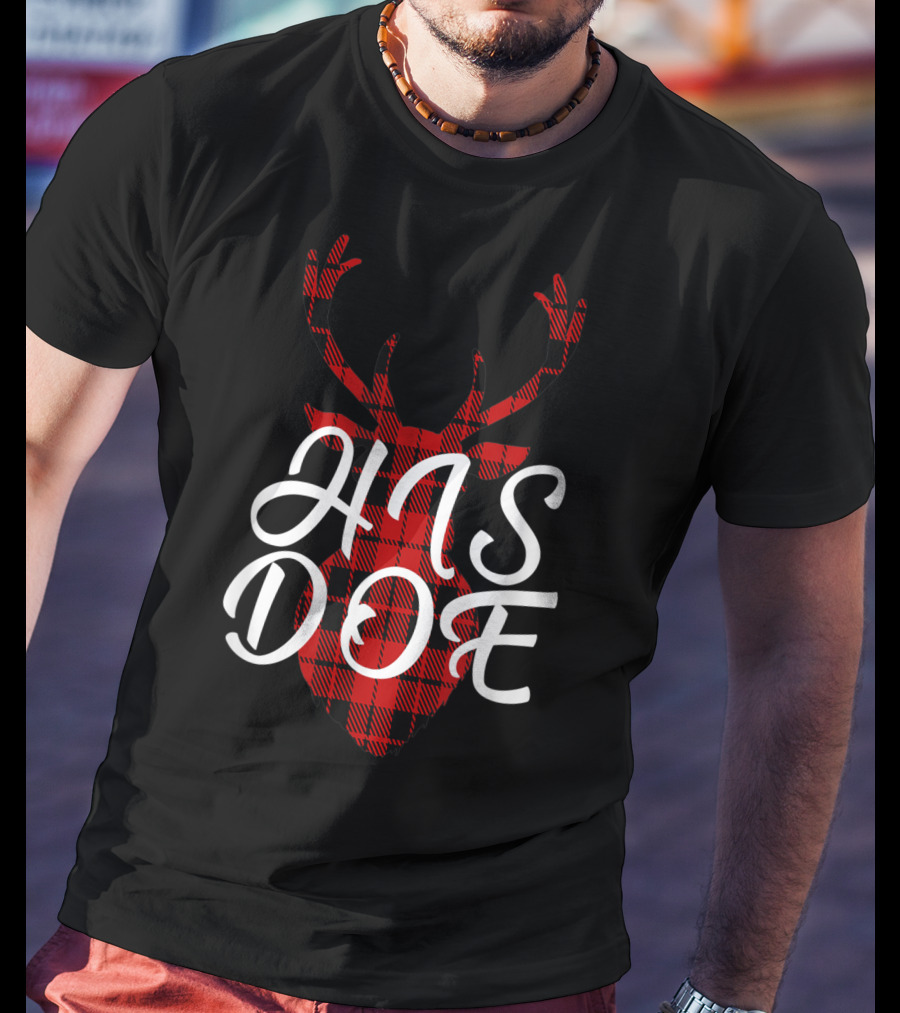 His Doe Couples Matching Red Buffalo Plaid Deer Head T-Shirt
