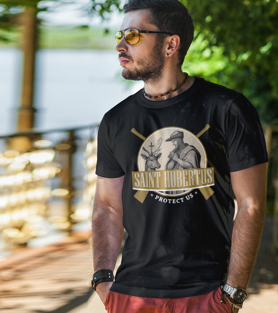 Saint Hubertus Protect Us Hubertus Patron Saint Of Hunters Hubert Rifle T-Shirt