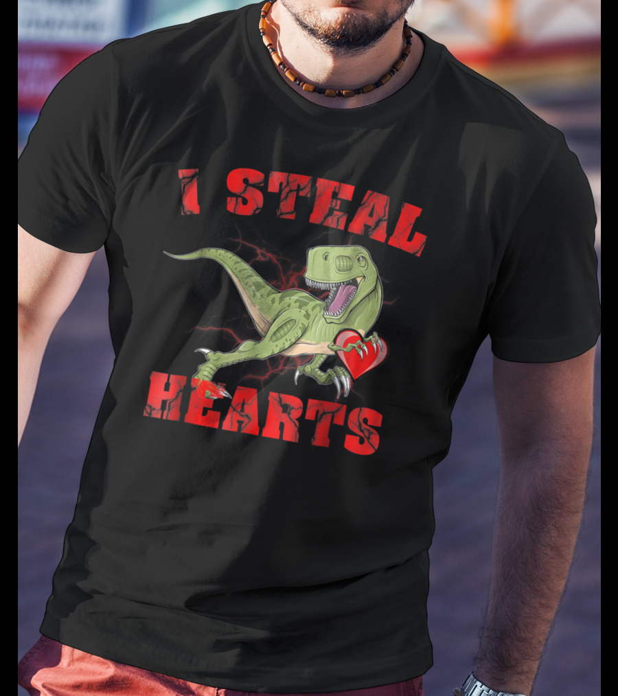 I Steal Hearts Valentine's Day Dinosaur Rex E2 Funny T-Rex Holding Heart T-Shirt